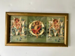 €€~ Vintage Framed Postcard Art “MOM” Angel Cherubs Gold Wood Frame Wall Hang Mother’s Day