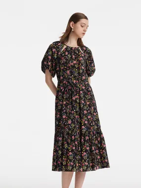 16 Momme Mulberry Silk Cut-Out Rose Print Women Midi Dress