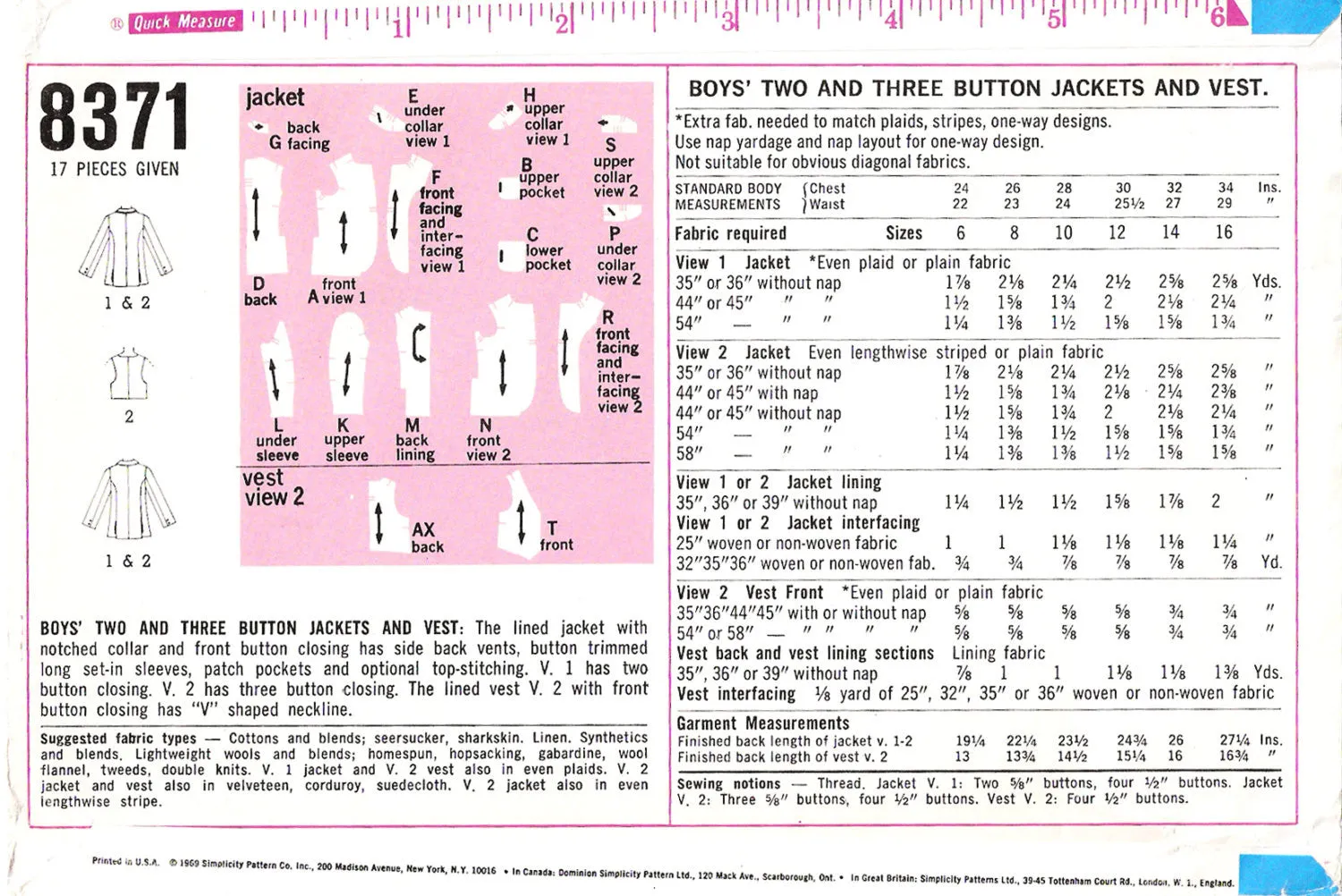 1960s CLASSIC Boys Suit Blazer Jackets and Vest Pattern SIMPLICITY 8371 Perfect For Weddings, Graduations, Special Ocassions, Boys Childrens Vintage Sewing Pattern UNCUT