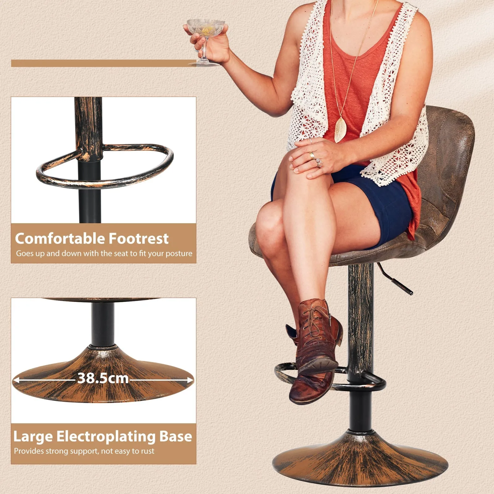 2 Pieces Leather Bar Stool with Adjustable Height and Swivel Gas Lift