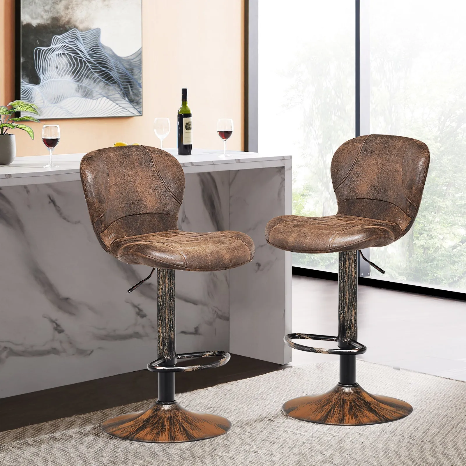 2 Pieces Leather Bar Stool with Adjustable Height and Swivel Gas Lift