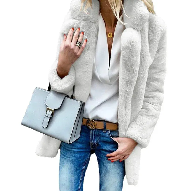 2024 Autumn New Solid Color Long Sleeve Polo Collar Women Fur Coat