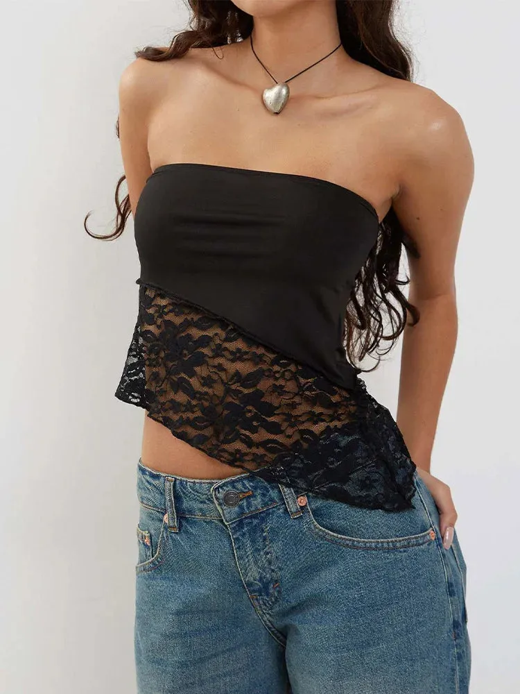 2024 Women Sexy Chest Wrapping Solid Lace See Through Backless Casual Chic Strapless Crop Tank Top