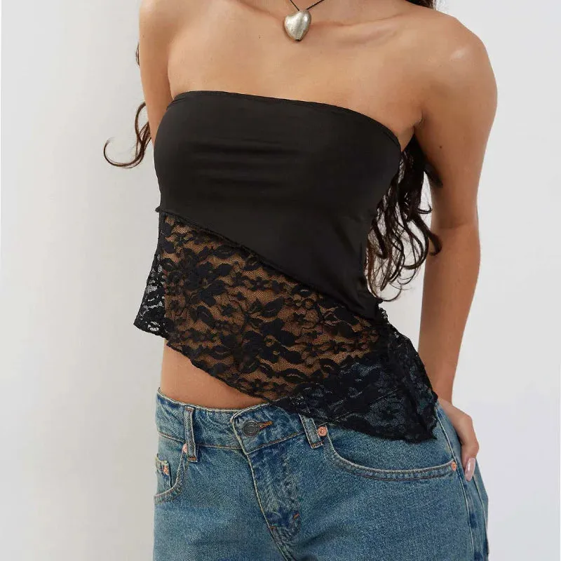 2024 Women Sexy Chest Wrapping Solid Lace See Through Backless Casual Chic Strapless Crop Tank Top