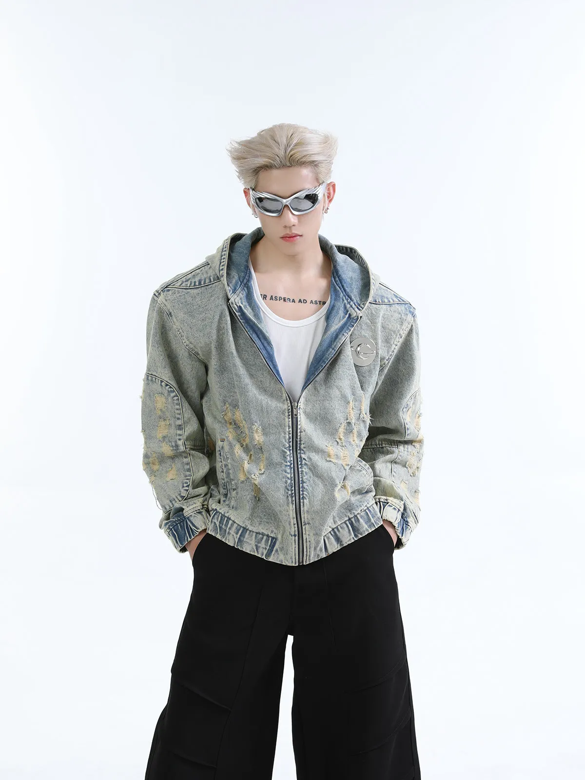 【24s Oct.】Heavy Vintage Distressed Metal Hooded Denim Jacket