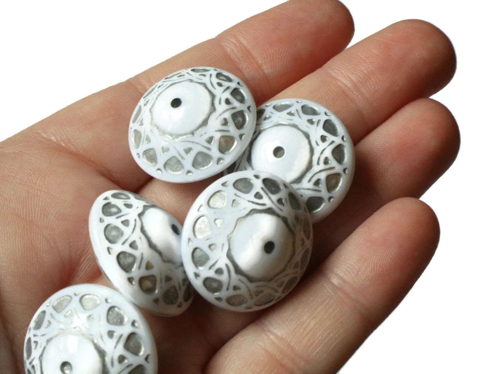 6 23mm x 14mm White and Silver Vintage Lucite Saucer Beads