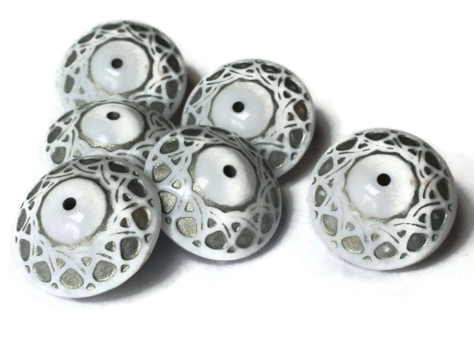 6 23mm x 14mm White and Silver Vintage Lucite Saucer Beads