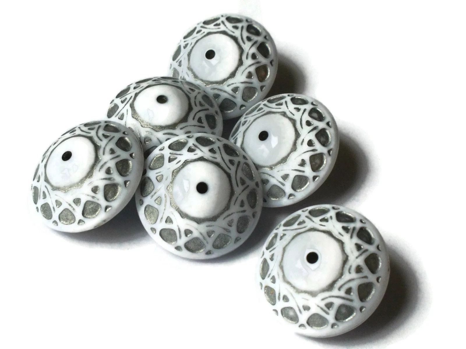 6 23mm x 14mm White and Silver Vintage Lucite Saucer Beads