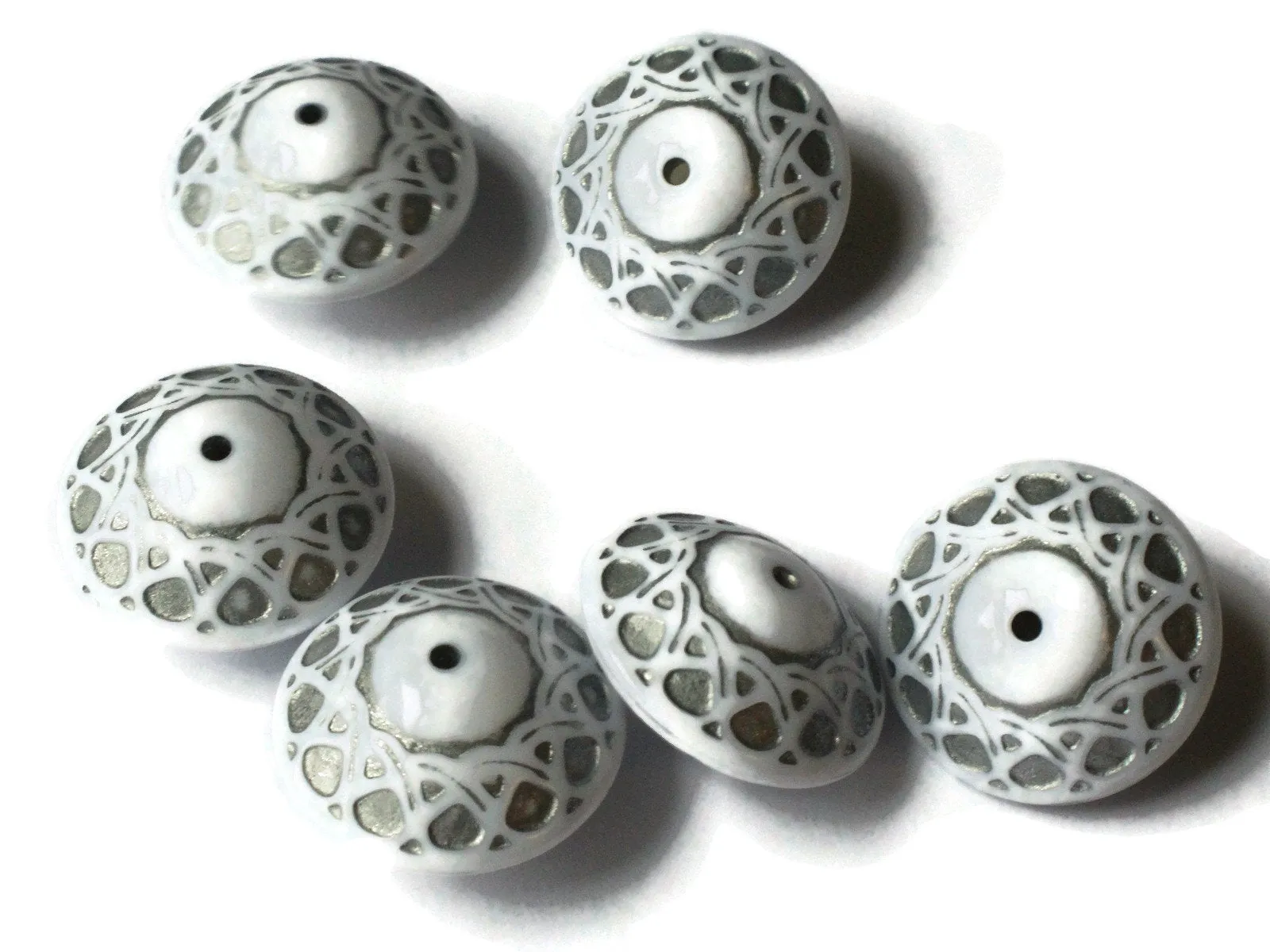 6 23mm x 14mm White and Silver Vintage Lucite Saucer Beads