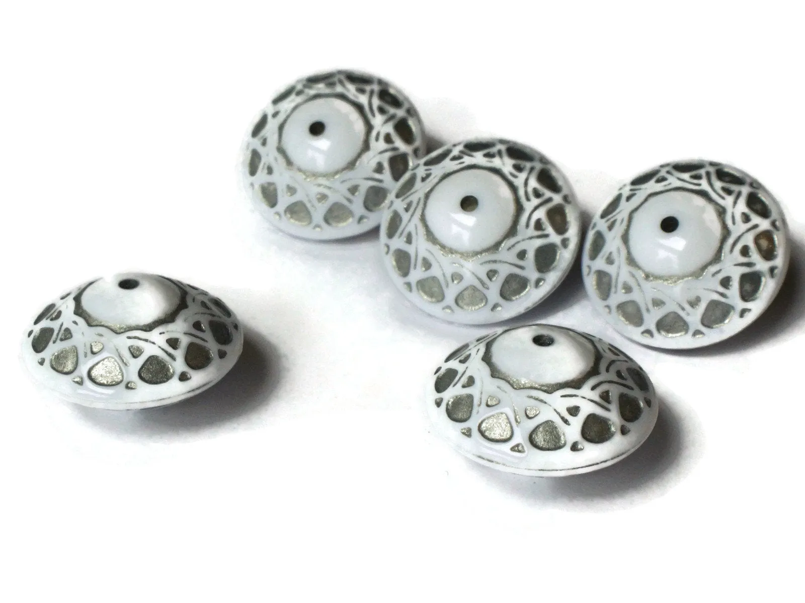 6 23mm x 14mm White and Silver Vintage Lucite Saucer Beads