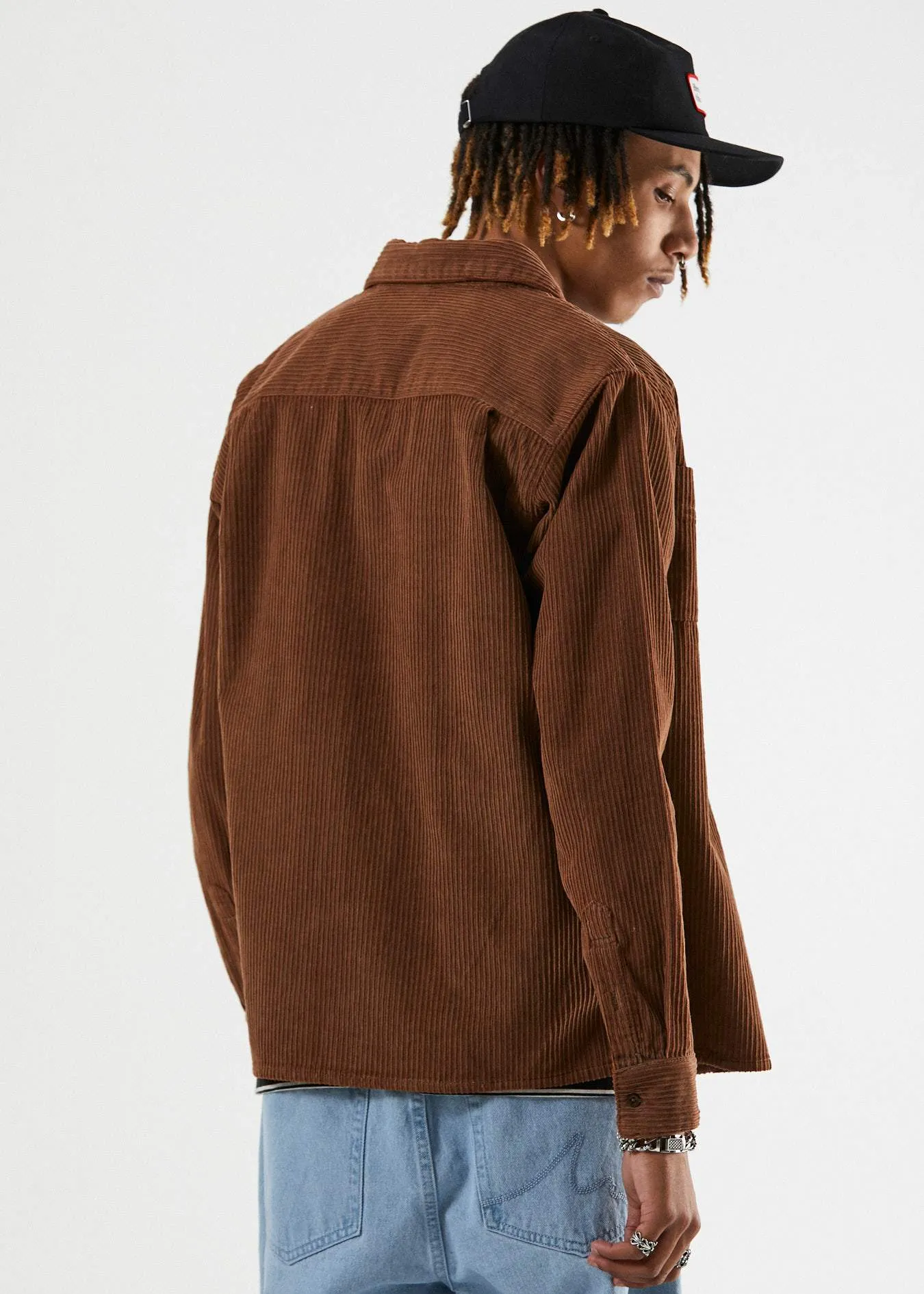 Afends Mens Killer Wale - Corduroy Long Sleeve Shirt - Chocolate