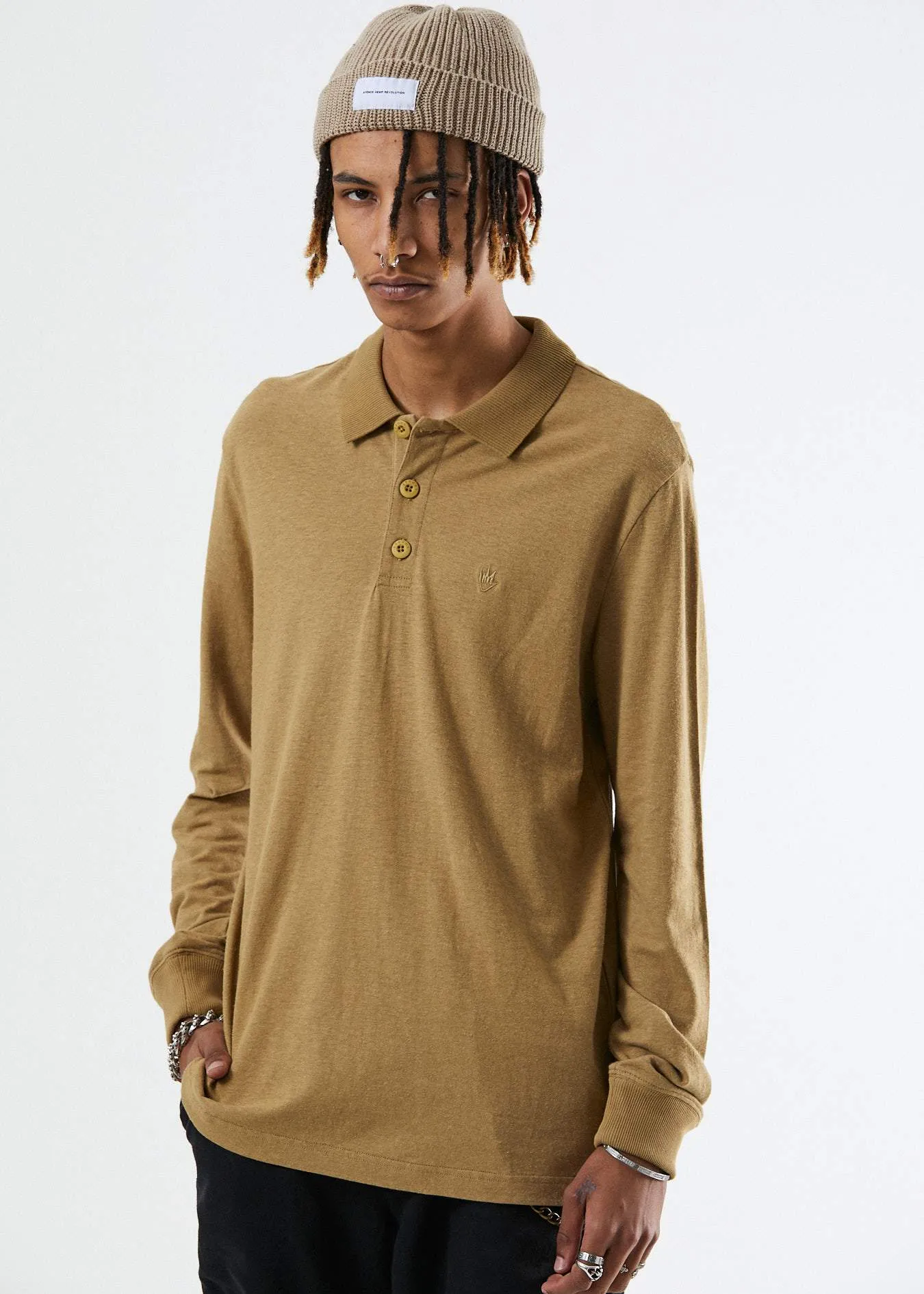 Afends Mens Loophole - Hemp Polo Long Sleeve Tee - Moss