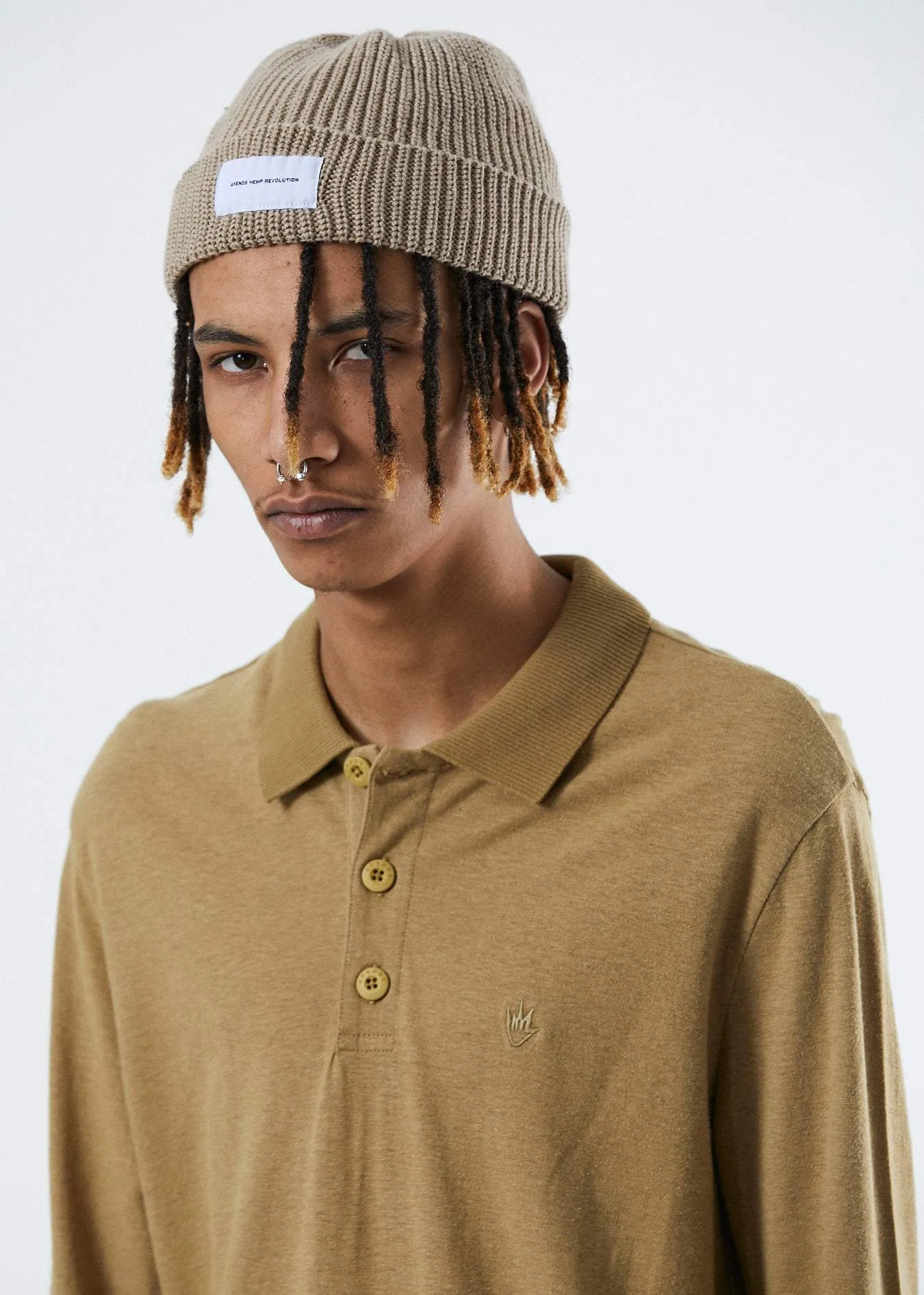 Afends Mens Loophole - Hemp Polo Long Sleeve Tee - Moss