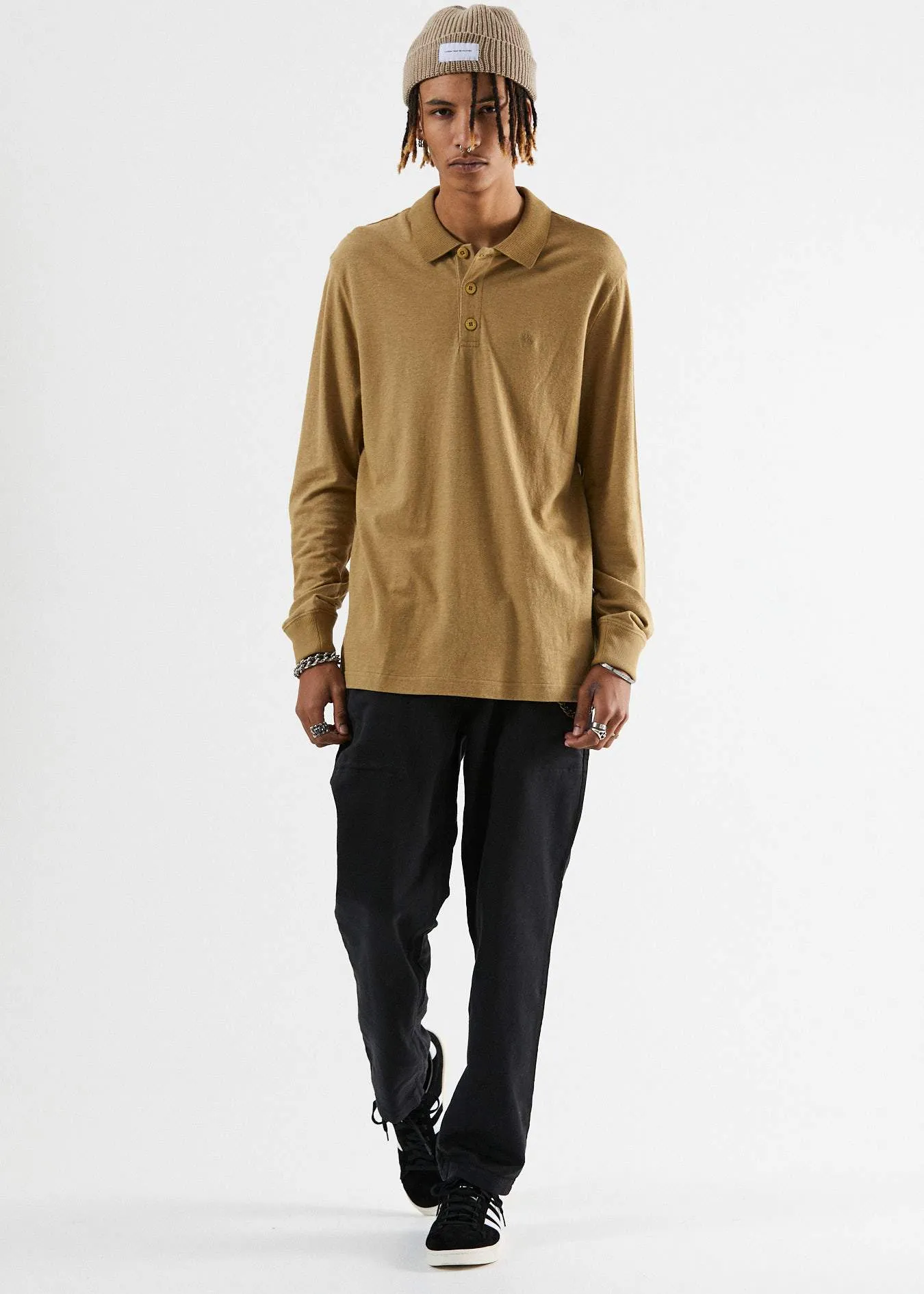 Afends Mens Loophole - Hemp Polo Long Sleeve Tee - Moss