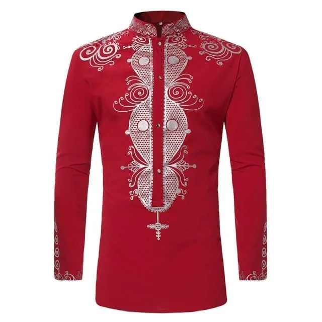 African Tribal Dashiki Longline Shirt 2018 Brand New Slim Long Sleeve Mandarin Collar Dress Shirt Men African Clothing Camisa