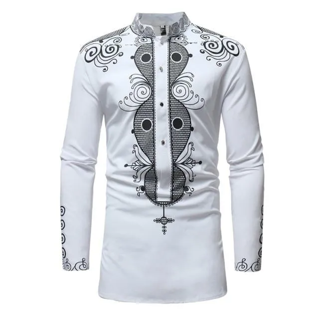 African Tribal Dashiki Longline Shirt 2018 Brand New Slim Long Sleeve Mandarin Collar Dress Shirt Men African Clothing Camisa