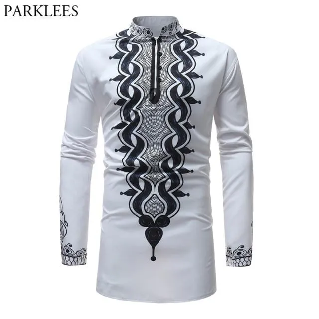 African Tribal Dashiki Longline Shirt 2018 Brand New Slim Long Sleeve Mandarin Collar Dress Shirt Men African Clothing Camisa