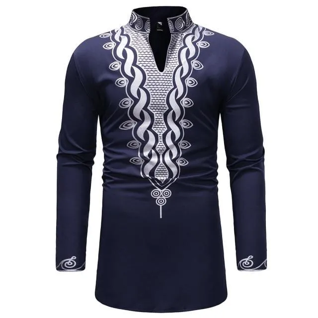 African Tribal Dashiki Longline Shirt 2018 Brand New Slim Long Sleeve Mandarin Collar Dress Shirt Men African Clothing Camisa