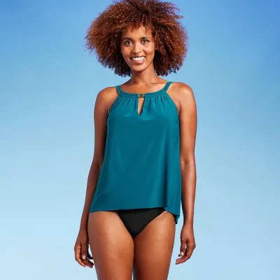 Aqua Green Women's High Neck Tankini Swimsuit Keyhole Tank Top Swimwear UPF 50 