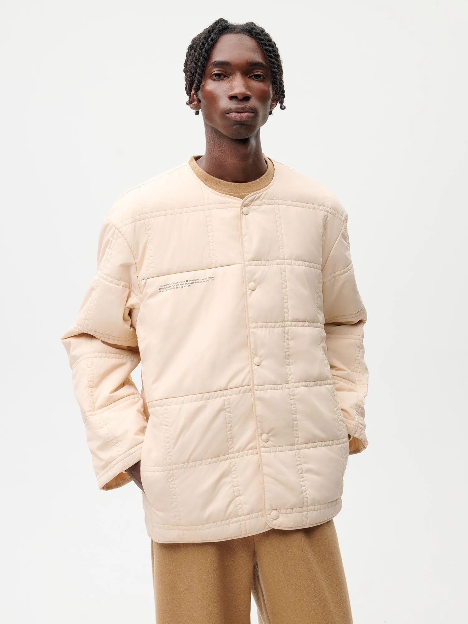 Archive Mens Flower-Warmth Quilted Collarless Jacket—sand