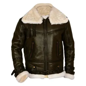 Army Green Men B3 Bomber Shearling Shearling Leather Jacket