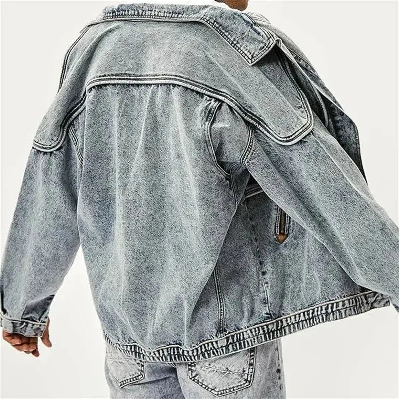 Autumn Men Denim Jacket Solid Color Male Lapel American New Stylish Outwear Washed Patchwork Multi-pocket 12A5983