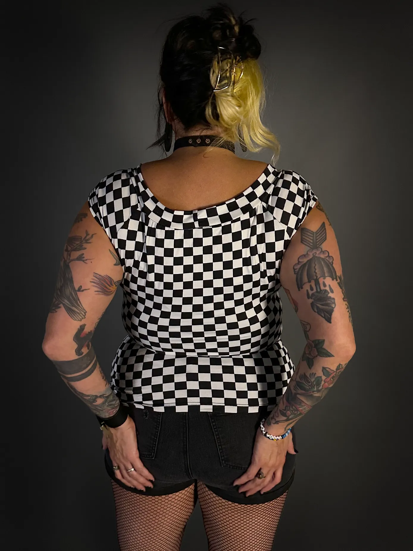 Black & White Checkered Boat Neck Stretch Top by Retrolicious