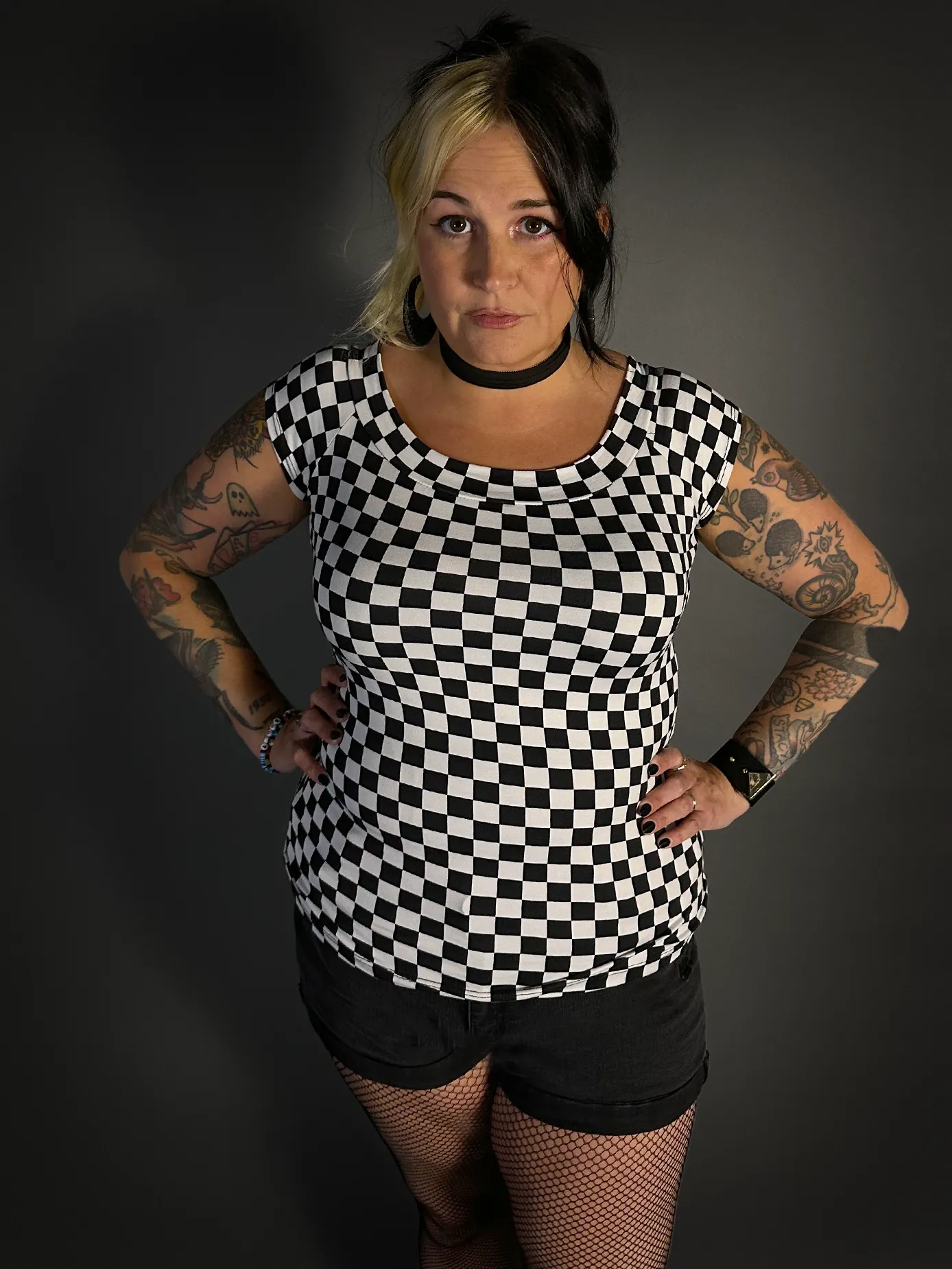 Black & White Checkered Boat Neck Stretch Top by Retrolicious