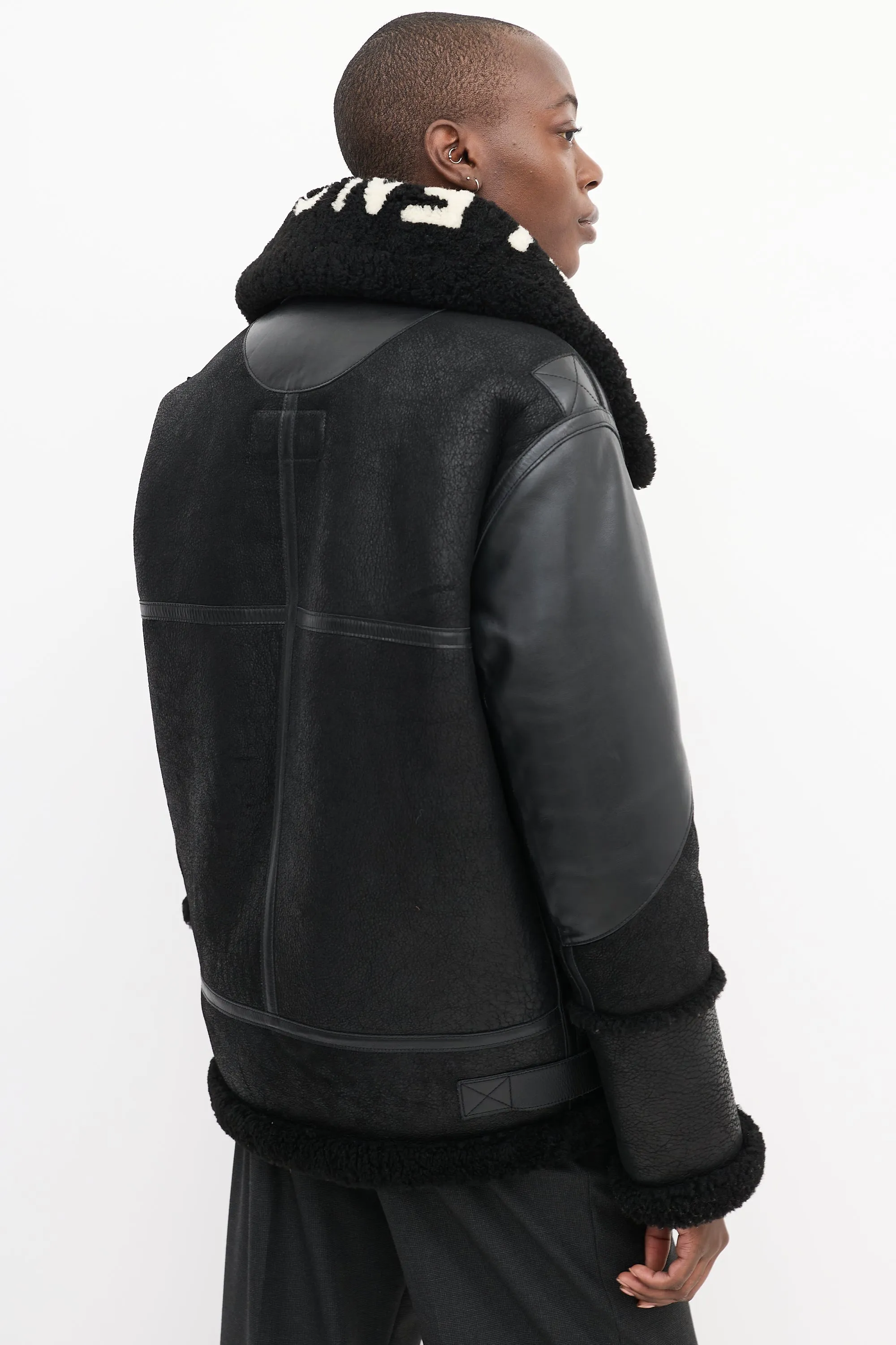 Black Leather Shearling Logo Jacket