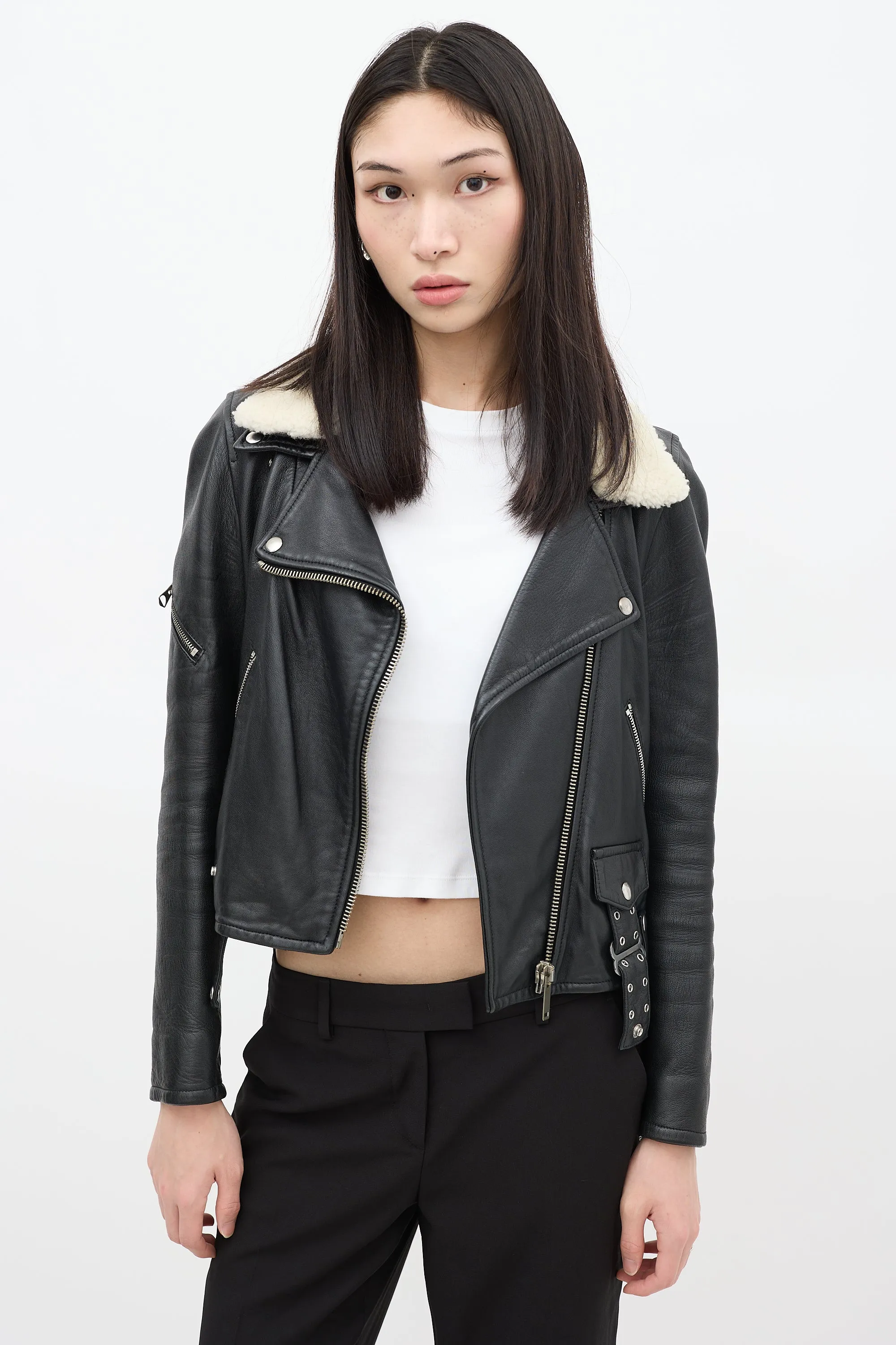 Black Leather Shearling Moto Jacket