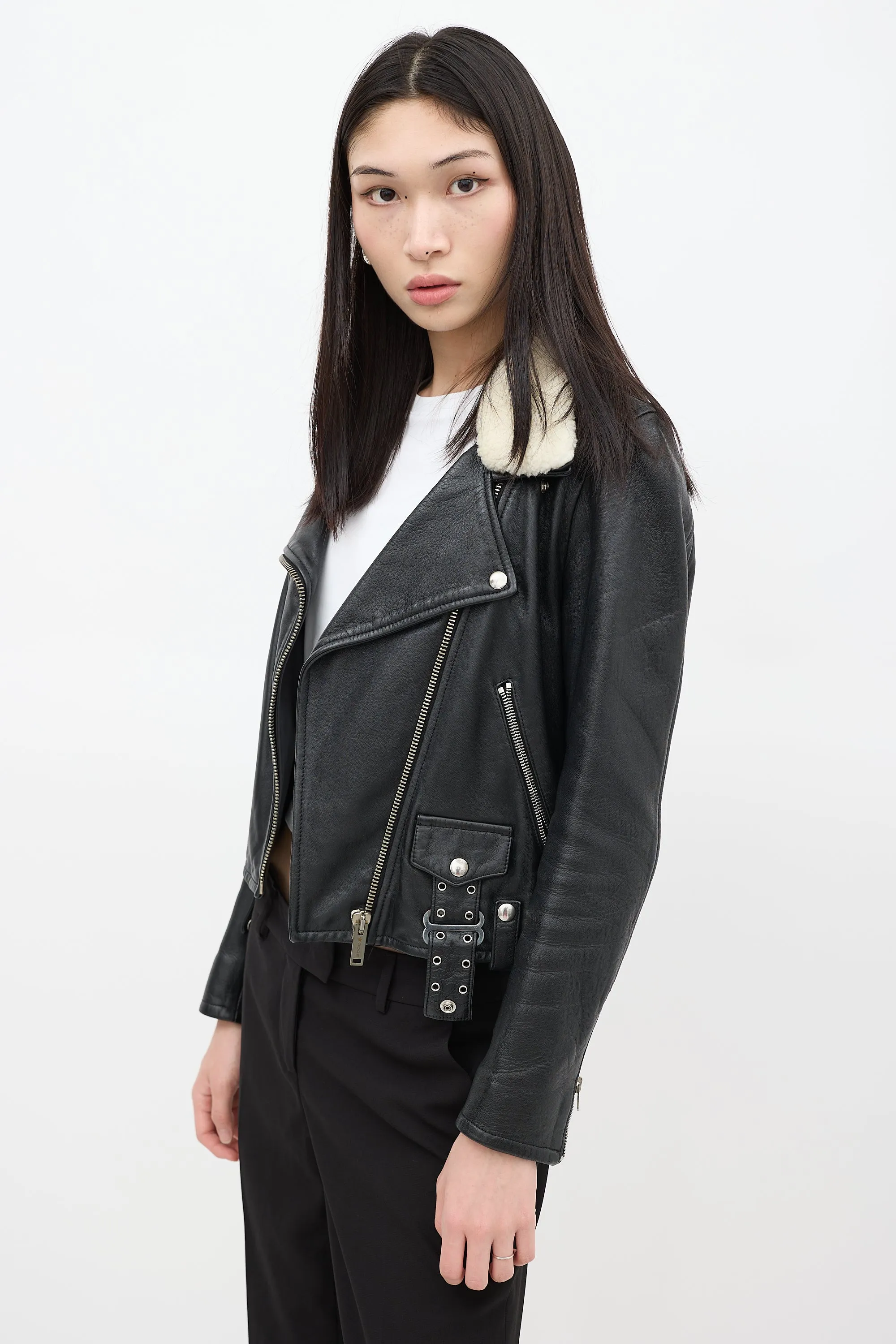 Black Leather Shearling Moto Jacket