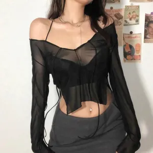 Black Mesh Sheer Crop Top with Long Flare Sleeves and Irregular Hem