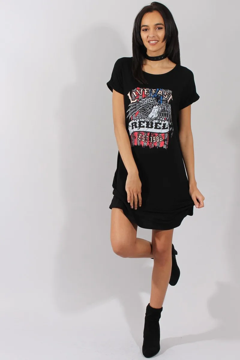 Black Rebel Slogan Print T-Shirt Dress - Juan