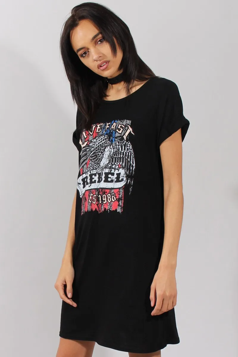 Black Rebel Slogan Print T-Shirt Dress - Juan