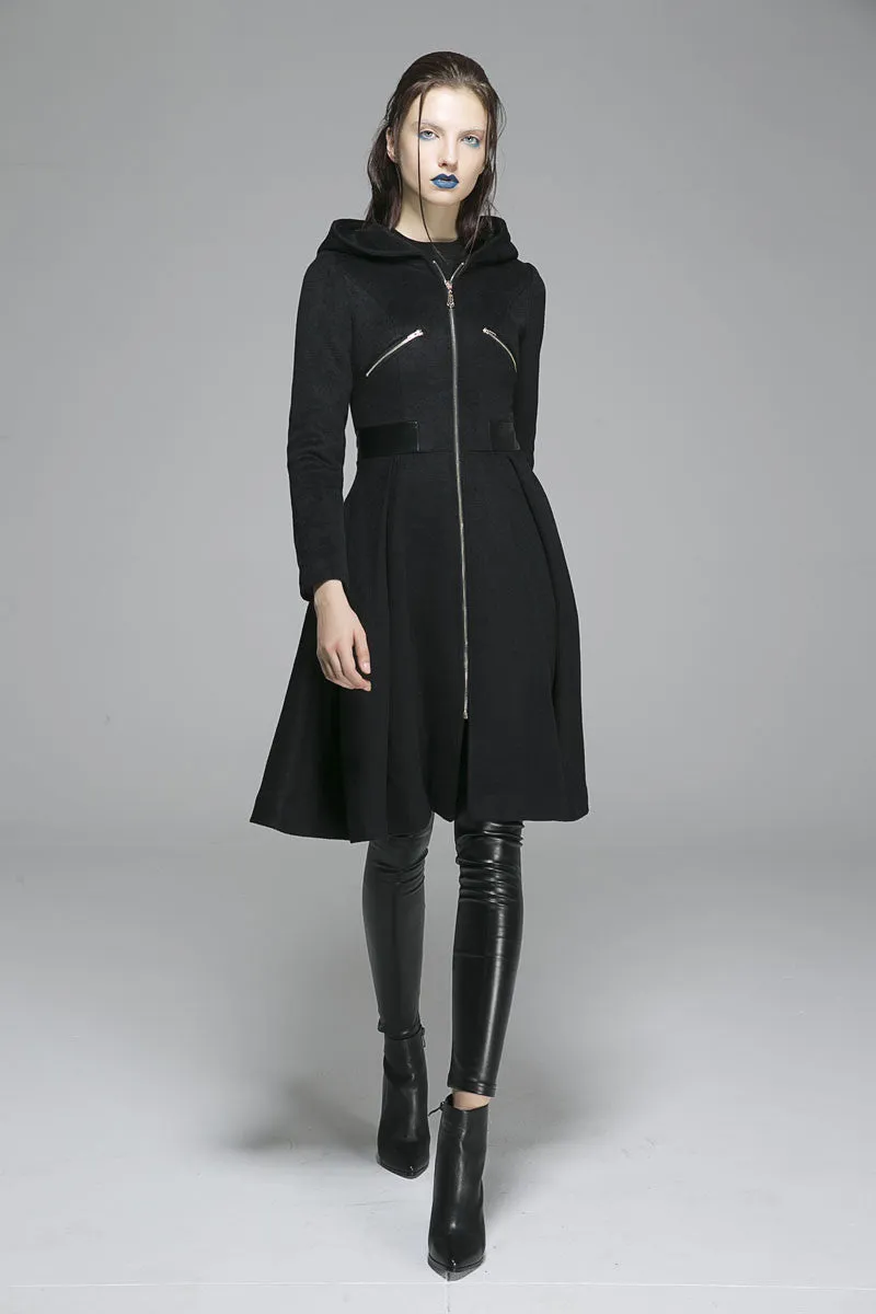 Black wool coat winter women coat hooded coat zipper coat warm jacket1361#