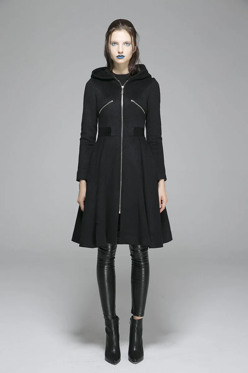 Black wool coat winter women coat hooded coat zipper coat warm jacket1361#