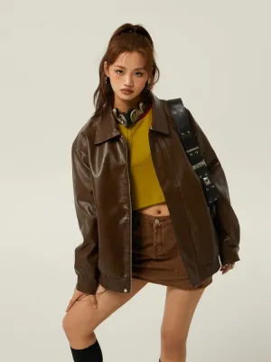 Brown Leather Polo Collar Basic Three-Color Autumn Retro Casual Loose Jacket