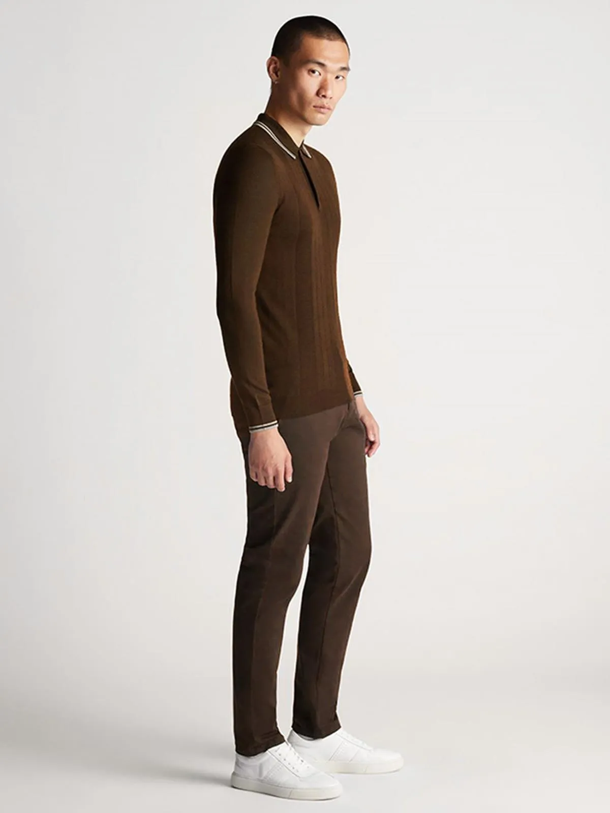 Brown Merino Wool Long Sleeve Retro Knitted Polo