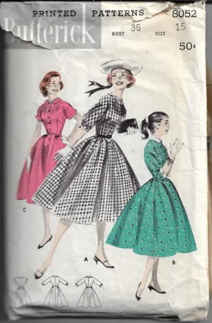 Butterick 8052 JR Ladies Shirtwaist Full Skirt Dress Pattern Vintage Sewing Pattern 1950s