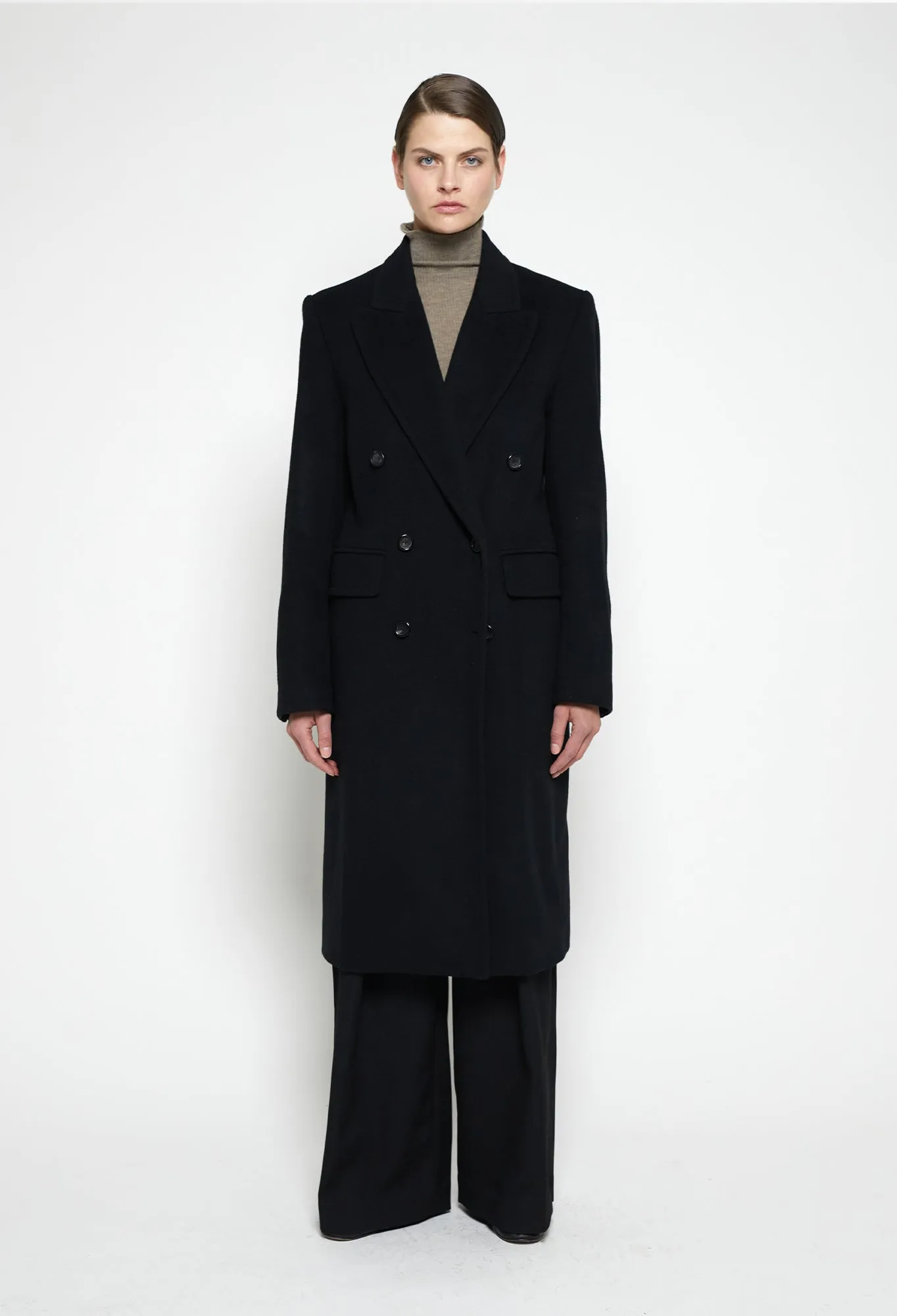 CAMERON - Double-Breasted Wool Coat in Dark Brown Herringbone