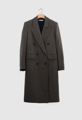 CAMERON - Double-Breasted Wool Coat in Dark Brown Herringbone