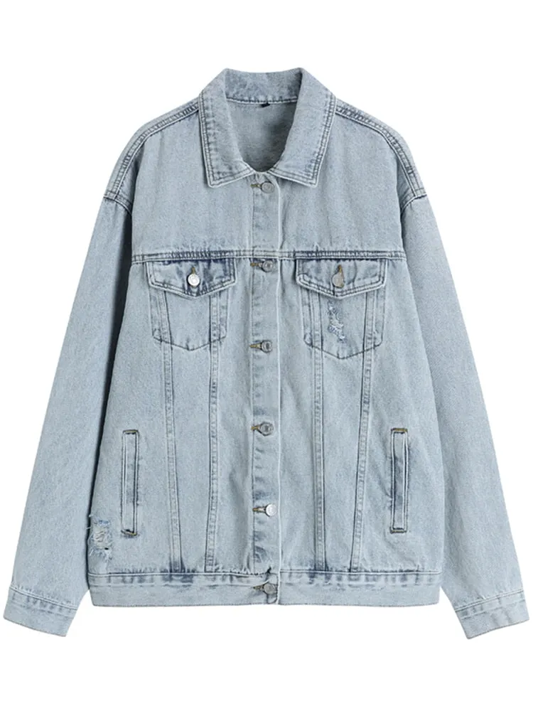 Casual Denim Coats For Women Lapel Long Sleeve Patchwork Button Vintage Loose Autumn Coat Female Fashion Clothing