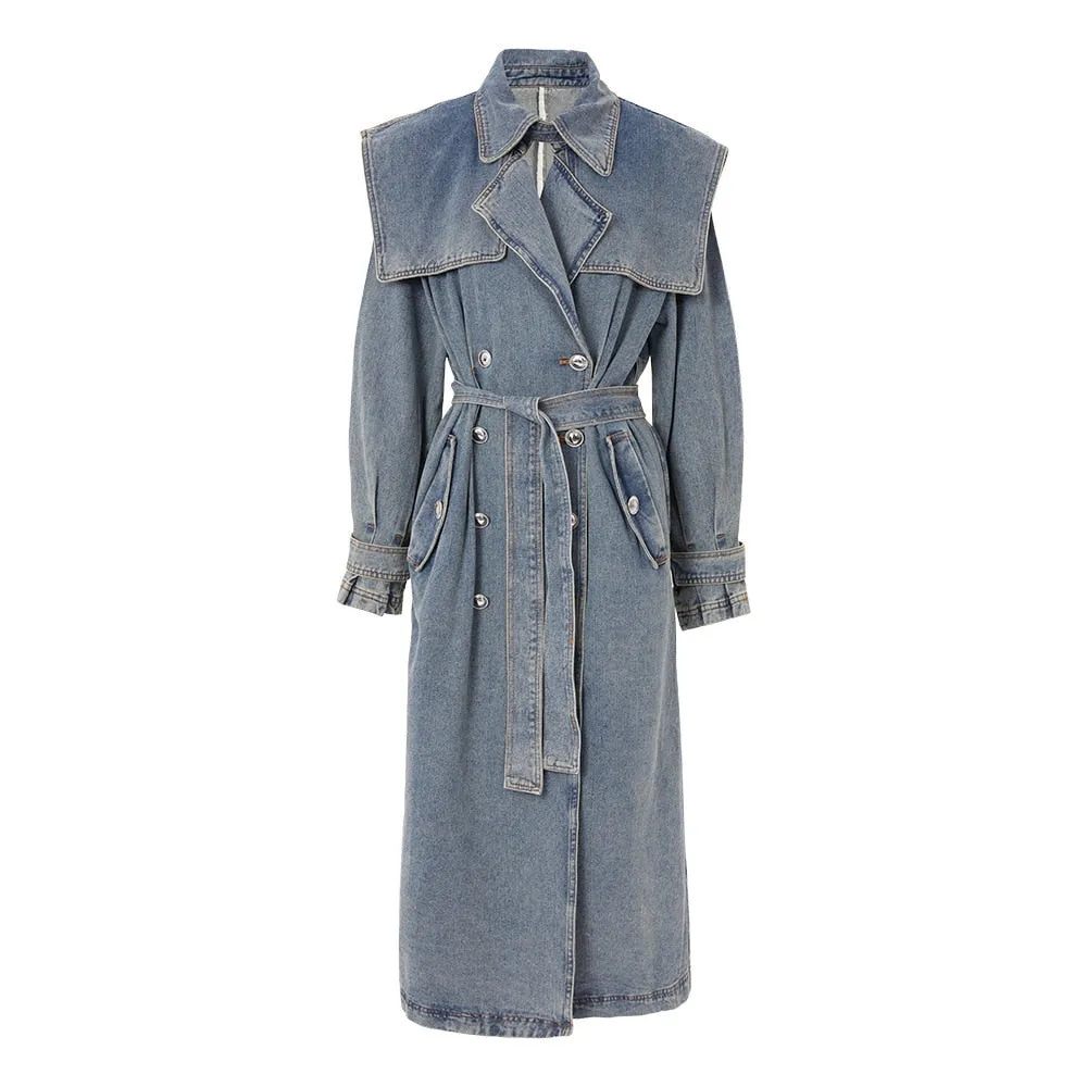 Casual Denim Trenches For Women Lapel Long Sleeve Tunic Patchwork Belt Spliced Double Breasted Trench Female