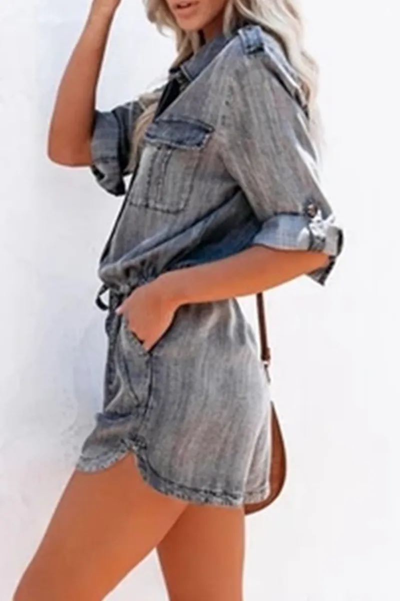 Casual Solid Patchwork Turndown Collar Short Sleeve Straight Denim Jumpsuits