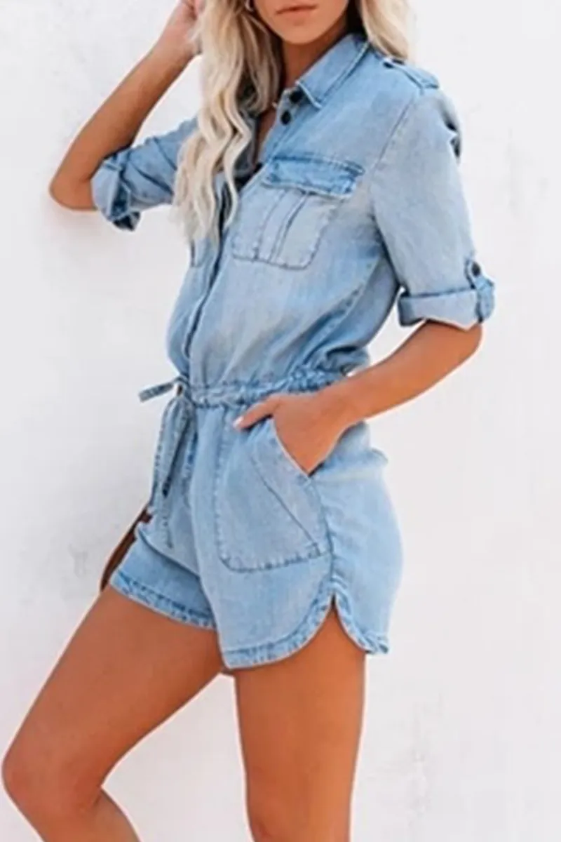 Casual Solid Patchwork Turndown Collar Short Sleeve Straight Denim Jumpsuits