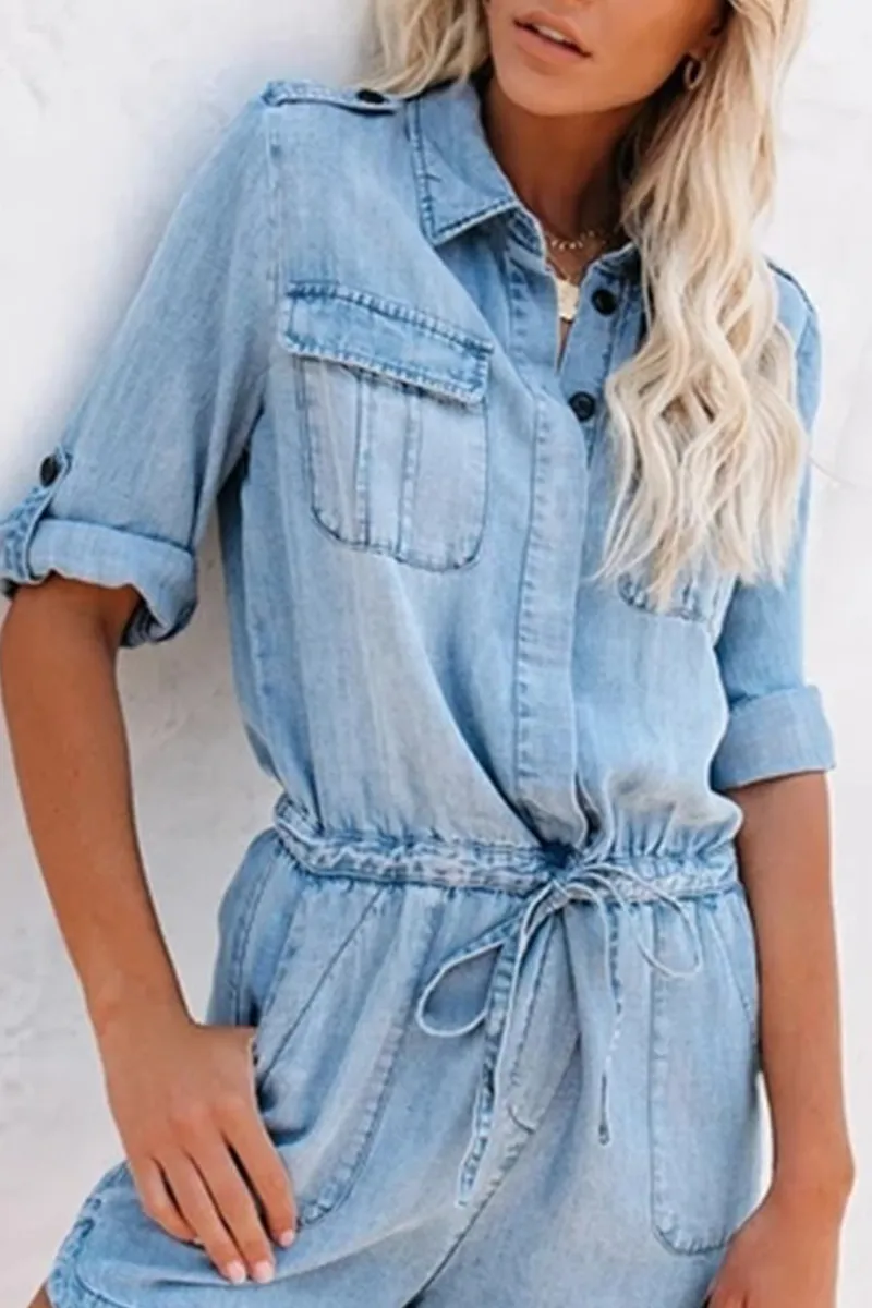 Casual Solid Patchwork Turndown Collar Short Sleeve Straight Denim Jumpsuits