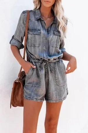 Casual Solid Patchwork Turndown Collar Short Sleeve Straight Denim Jumpsuits