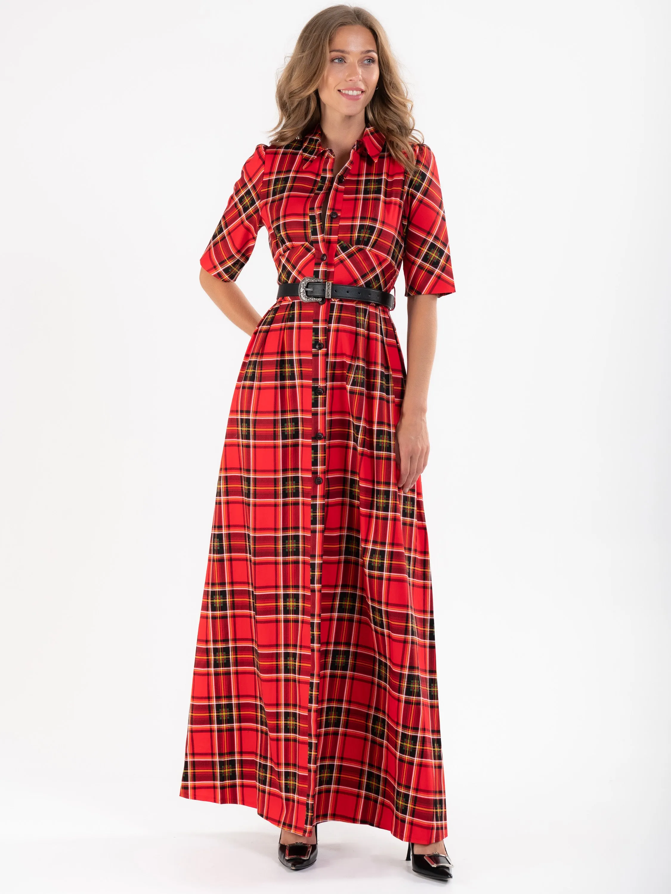 Checked Shirt Maxi Dress, Red Check