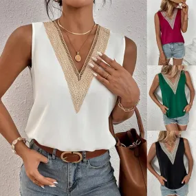 Chic Sleeveless V-neck Lace Patchwork Blouse Summer Tank Top