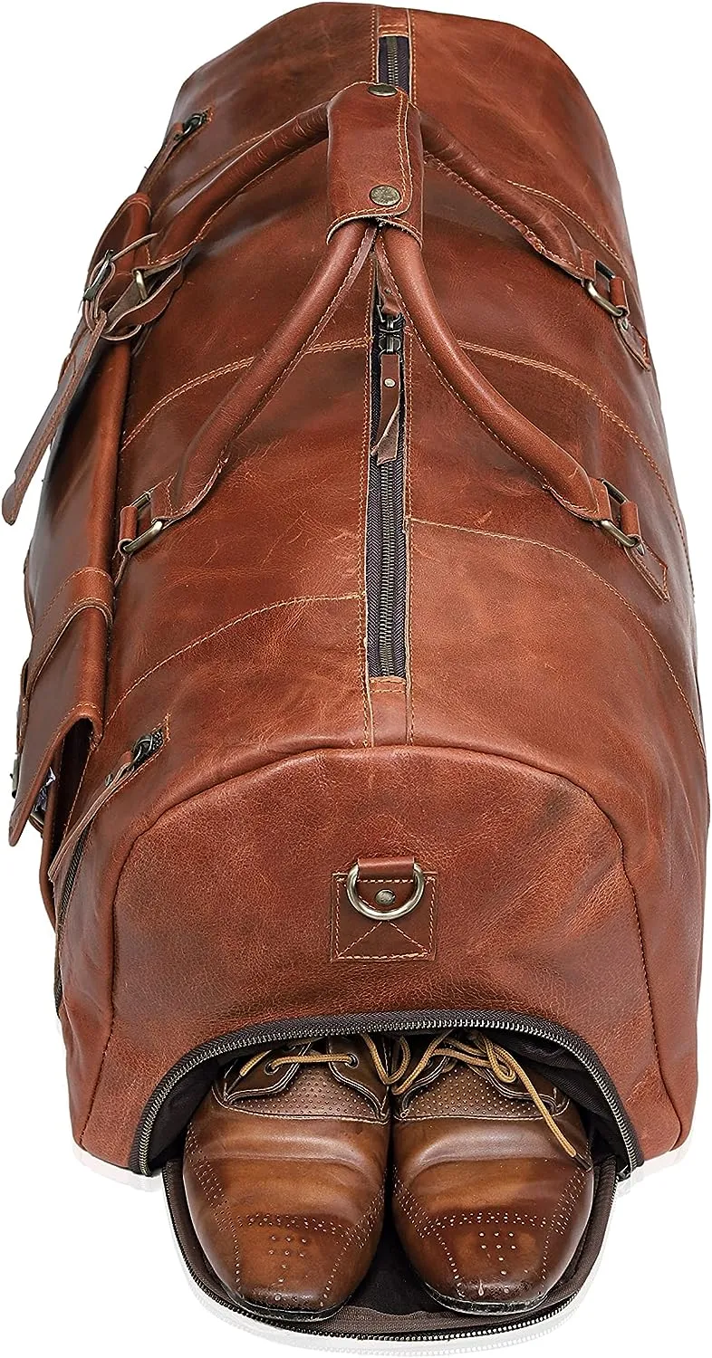 Classic Elegance in Every Journey: Large Leather Travel Duffel Bag Collection (Light Brown) – Leather Weekender BagAvailable in 20", 24", and 28" Sizes - Vintage Brown Leather Duffel Bag -